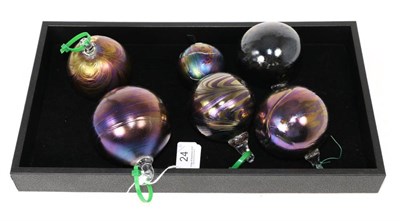 Lot 24 - John Ditchfield for Glasform; a group of six iridescent petroleum baubles decorated with...