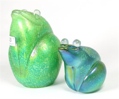 Lot 33 - John Ditchfield for Glasform; an iridescent blue frog form paperweight decorated with speckles,...