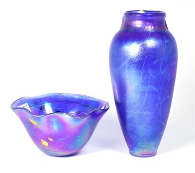 Lot 85 - John Ditchfield for Glasform; an iridescent blue bowl decorated with millefiori and trails,...