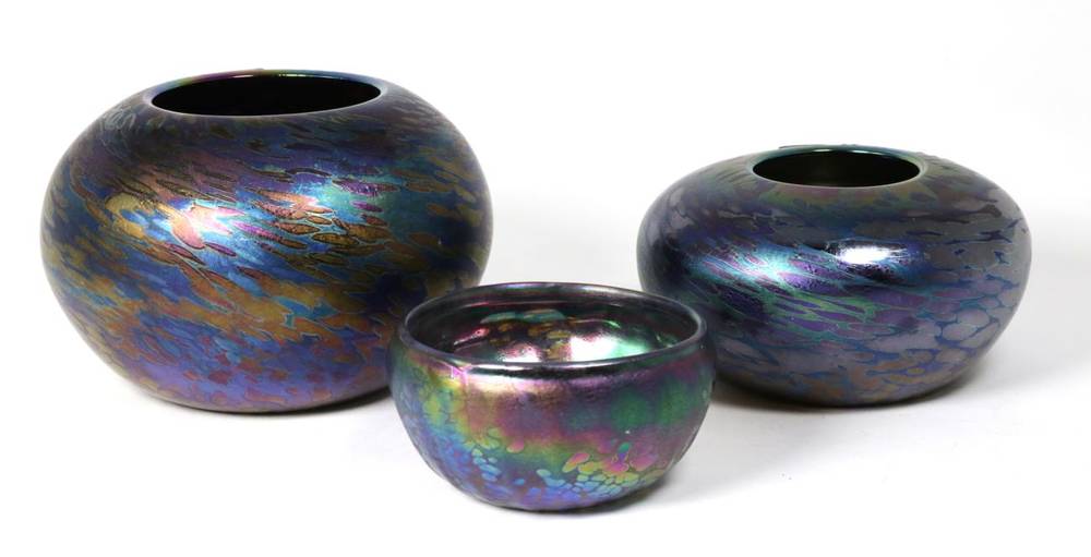 Lot 86 - John Ditchfield for Glasform; three iridescent petroleum bowls each decorated with speckles,...