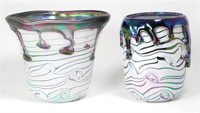 Lot 93 - John Ditchfield for Glasform; an iridescent opaque vase decorated with bands and iridescent...
