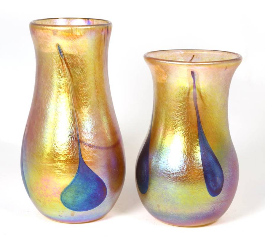 Lot 97 - John Ditchfield for Glasform; two iridescent gold vases decorated with iridescent petroleum...