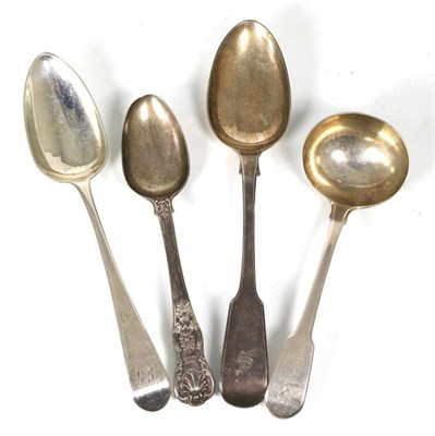 Lot 181 - A George III silver table spoon, London 1791; a fiddle pattern sauce ladle, Eley & Fearn,...