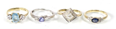 Lot 189 - A 9 carat gold aquamarine and cubic zirconia three stone ring, finger size N, a 9 carat gold...