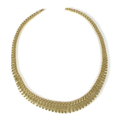 Lot 195 - A 9 carat gold necklace, the front with graduated curved bar links, to a brick link chain,...