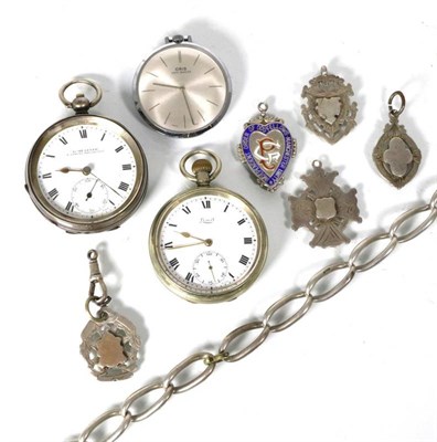 Lot 201 - A silver pocket watch, a steel Oris pocket watch, nickel plated Limit pocket watch, silver...