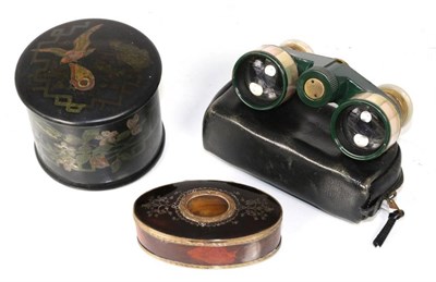 Lot 203 - A 19th century tortoiseshell and pique box; opera glasses; and a papier mache box