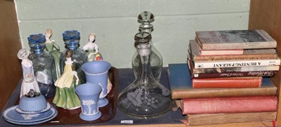 Lot 213 - Two blue tinted thistle decanters; Doulton china figures; Wedgwood Jasper ware and a quantity...