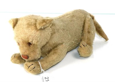 Lot 214 - Circa 1930s/40s jointed mohair lioness soft toy, with stitched terracotta nose, black stitched...