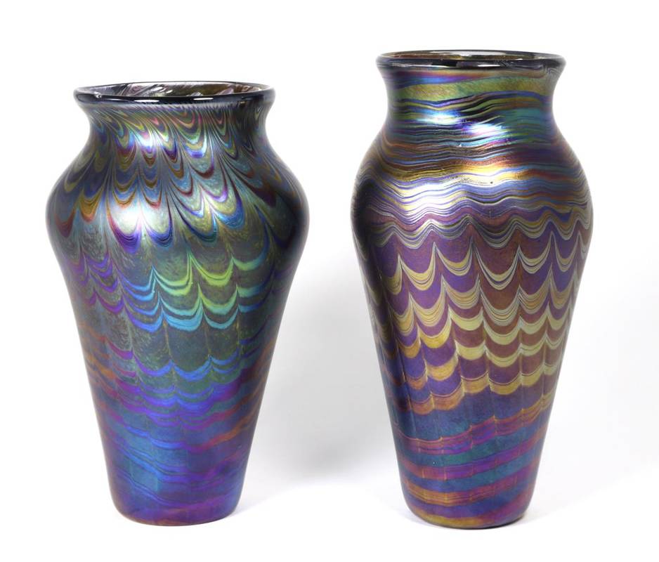 Lot 38 - John Ditchfield for Glasform; an iridescent petroleum vase decorate with feathering, 26cms...