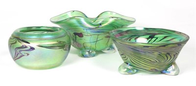 Lot 42 - John Ditchfield for Glasform; an iridescent green bowl decorated with iridescent petroleum...