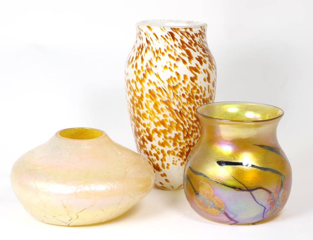 Lot 54 - John Ditchfield for Glasform; an iridescent gold vase decorated with trails, etched to base J....