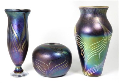 Lot 55 - John Ditchfield for Glasform; an iridescent petroleum vase decorated with feathered bands,...