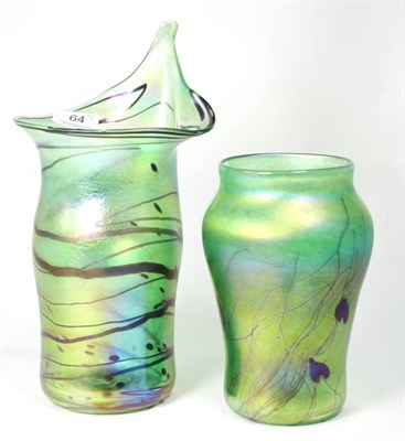 Lot 64 - John Ditchfield for Glasform; an iridescent green vase decorated with trails and lily pads,...