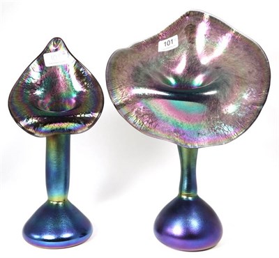 Lot 101 - John Ditchfield for Glasform; two iridescent petroleum 'Jack in the pulpit' vases, each, etched...