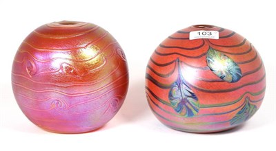 Lot 103 - John Ditchfield for Glasform; an iridescent pink vase decorated with bands and pearl drops,...