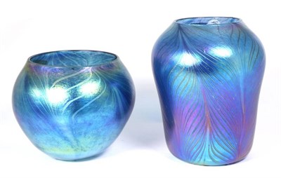 Lot 105 - John Ditchfield for Glasform; an iridescent blue vase decorated with feathers, etched to base...