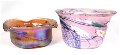 Lot 109 - John Ditchfield for Glasform; an iridescent pink bowl decorated with green trails and...