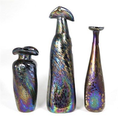 Lot 112 - John Ditchfield for Glasform; three iridescent petroleum shaped bottle vases each decorated...