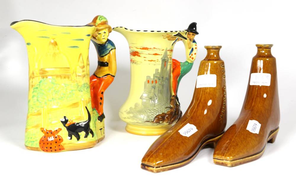 Lot 118 - A Burleighware Pied Piper jug, an Arthur Wood Dick Whittington jug and a pair of treacle glaze boot