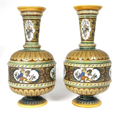 Lot 123 - A pair of German Mettlach stoneware bottle vases, circa 1900, both damaged (2)