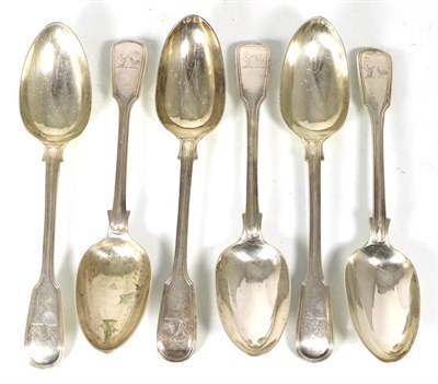 Lot 162 - A matched set of six Victorian silver fiddle and thread pattern table spoons, four Henry...