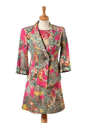 Lot 230 - Circa 1980s Christian Lacroix pink and green abstract print three piece skirt suit, comprising...