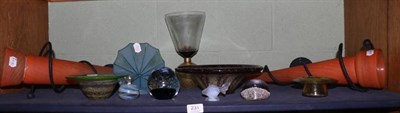 Lot 231 - A group of Art glass comprising: table lamp, lamp shade, three dishes, two paperweights, an...