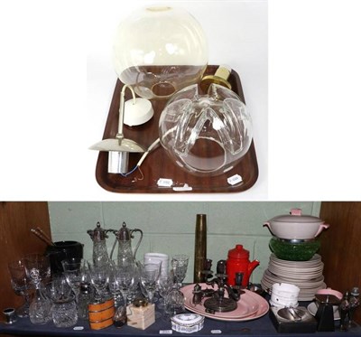 Lot 233 - Two 1960's clear glass light fitments, two claret jugs, Kockums red enamel coffee pot, Poole...