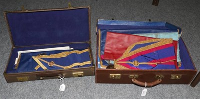 Lot 236 - Two leather cases containing a quantity of Masonic regalia relating to a Northumbrian lodge...