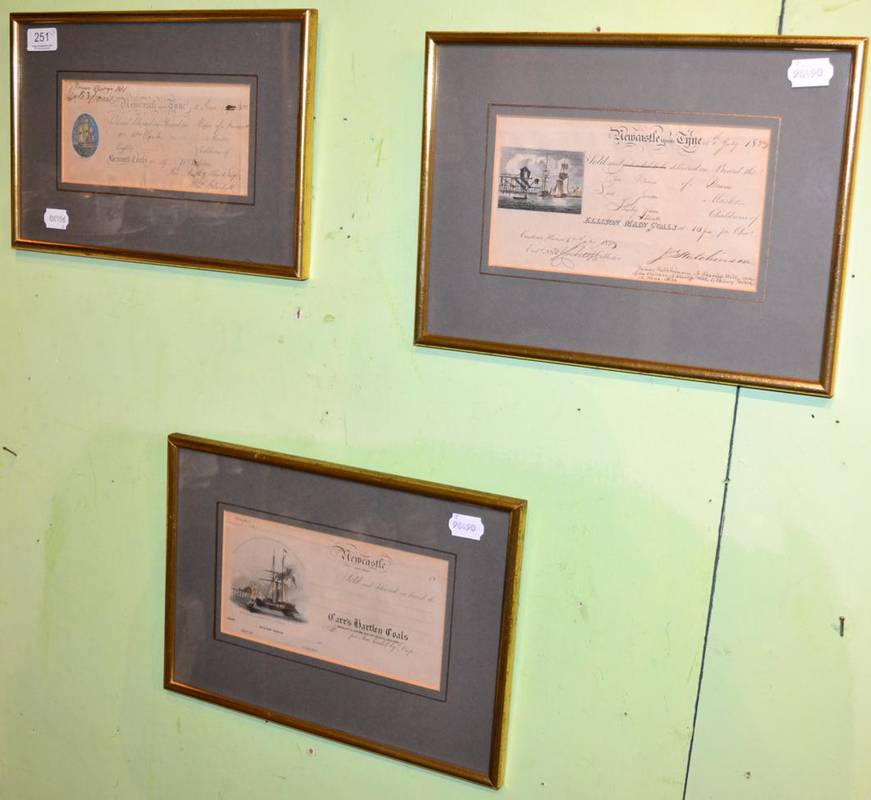 Lot 251 - Three 19th century Newcastle-Upon-Tyne customs certificates, each with hand coloured engraving, two