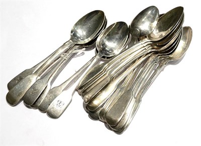 Lot 253 - A set of six silver fiddle pattern teaspoons, Elizabeth Eaton, London 1852; another set of six,...