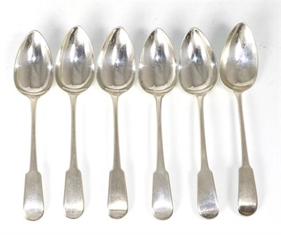 Lot 265 - A set of six George III silver fiddle pattern dessert spoons, Peter, Ann & William Bateman,...