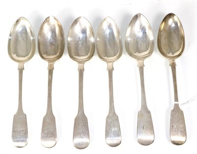 Lot 272 - A matched set of six silver fiddle pattern table spoons, various dates and makers including William