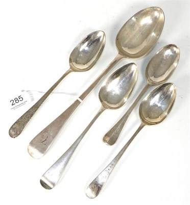 Lot 285 - A George II silver Hanovarian with rat tail pattern table spoon, makers mark indistinct, London...