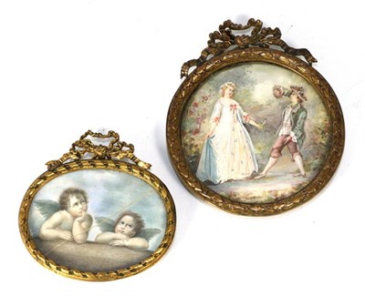 Lot 294 - Continental School (19th Century), miniature of a courting couple; and another of a pair of...