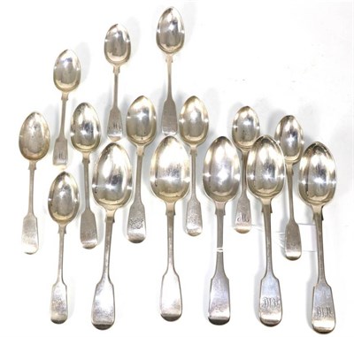 Lot 295 - Two pairs of Victorian silver fiddle pattern dessert spoons, one further example; together with ten