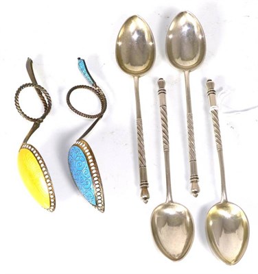 Lot 298 - A set of four Russian silver spoons, circa 1900, kokoshnik marks, with twisted stem; and two...