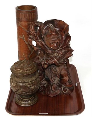 Lot 309 - A carved oriental warrior; a carved Busca pot and a carved bamboo sleeve vase (3)