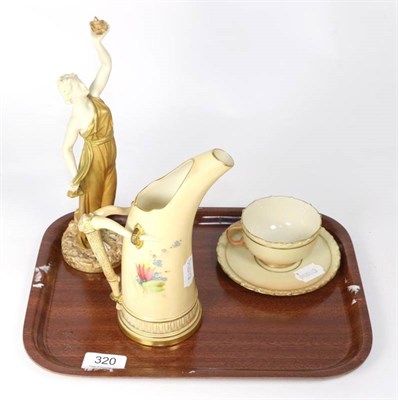 Lot 320 - Royal Worcester blush ivory jug, similar cup and saucer; and a figure after James Hadley