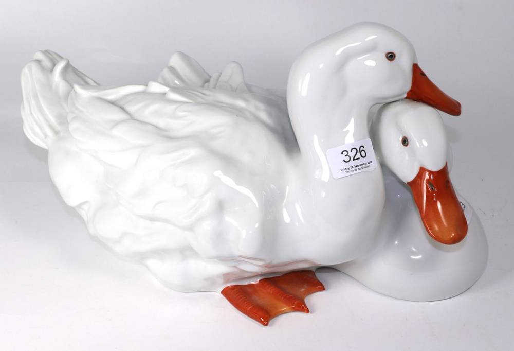 Lot 326 - A large Herend porcelain group of two ducks,