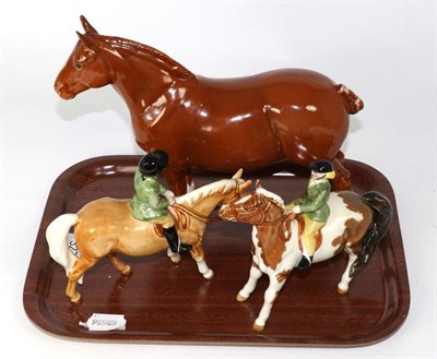 Lot 327 - Beswick Girl on Pony, model No. 1499, Skewbald gloss and Boy on Pony, model No. 1500, Palomino...