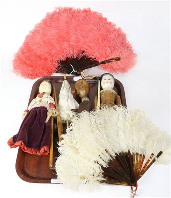 Lot 329 - Small pink and white ostrich feather fans, dolls parasol with cotton mount, two late 19th...