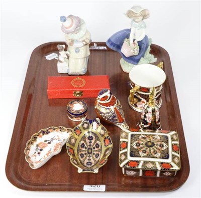 Lot 420 - A group of Royal Crown Derby, including trinket dishes, bird paperweight, and two Lladro figures