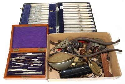 Lot 476 - A set of twelve electroplated fruit knives and forks with silver collars; a set of drawing...