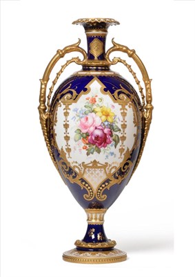 Lot 51 - A Royal Crown Derby Porcelain Twin-Handled Baluster Vase, 1897, painted by Albert Gregory with...