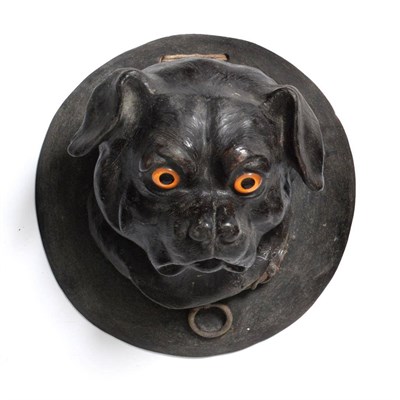 Lot 73 - An Austrian Painted Terracotta Mask, circa 1900, as a pug with glass eyes, on a circular...