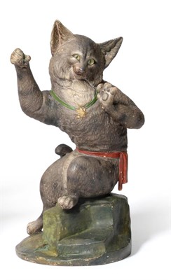 Lot 84 - A French Cold Painted Terracotta Figure of a Cat, circa 1900, sitting upright, its forepaws raised