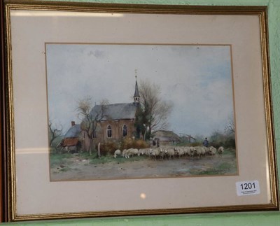 Lot 1201 - Adrianus Johannes Groenewegen (1874-1963) Dutch, Sheep before a church, signed, watercolour,...