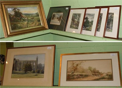 Lot 1223 - B Foster, four coloured engravings; an oil on panel of a country cottage, indistinctly signed;...